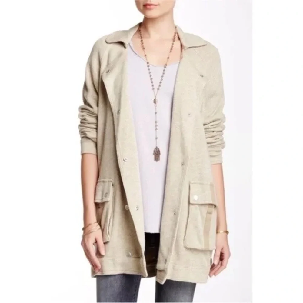 Free People Beige Utility Knit Double Snap Oversized Jacket Womens